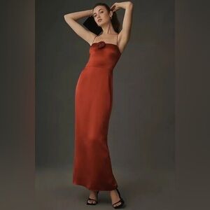 Reformation 100% Silk Red Sleeveless Rosette Rose Frankie Satin Maxi Dress